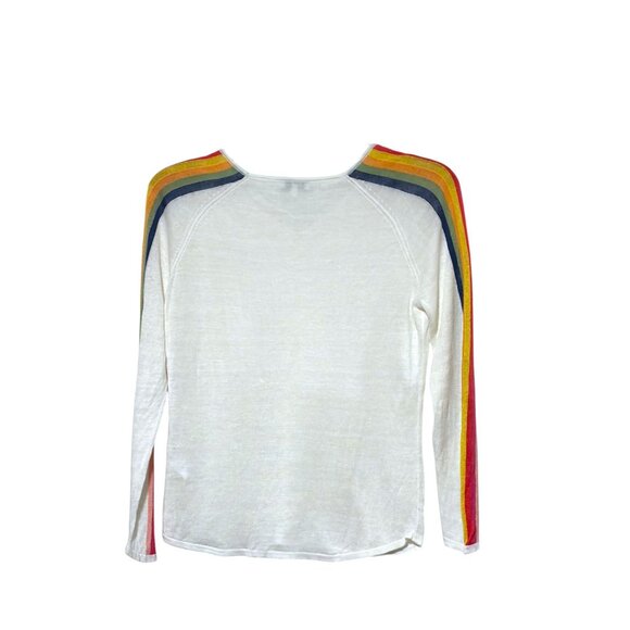 Estheme Paris Linen Top L Rainbow Stripes V Neck Retro Minimalist 100% Linen - Picture 2 of 6